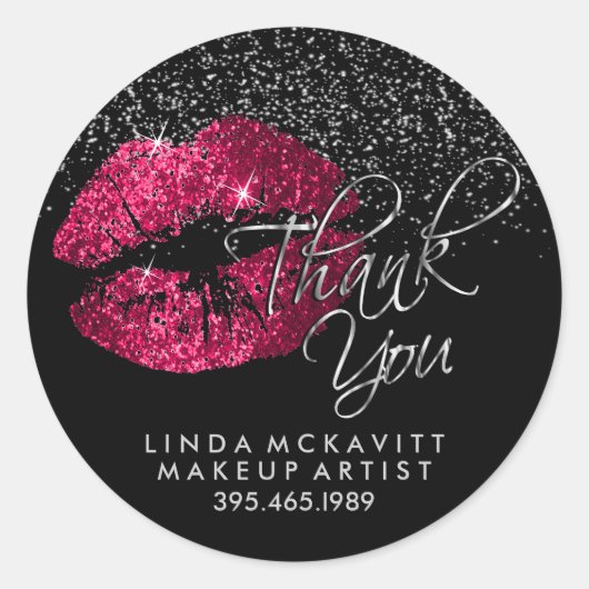 Hot roze glitter lipstick zilver dank u ronde sticker (Voorkant)