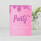 Hot roze glitter meisje verjaardag partij kaart (Staand voorkant)