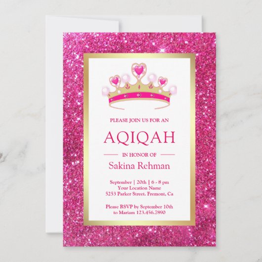 Hot roze glitter tiara prinses aqiqah kaart (Voorkant)