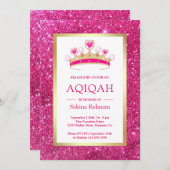 Hot roze glitter tiara prinses aqiqah kaart (Voorkant / Achterkant)