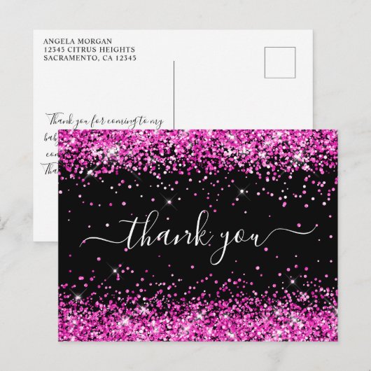 Hot Roze Glitter Zwart Baby shower Dank u Briefkaart (Voorkant / Achterkant)