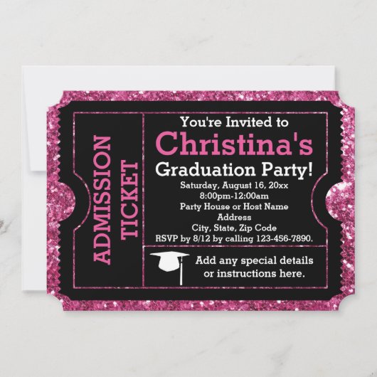 Hot-roze Glitz Graduation Party Ticket Invitation Kaart (Voorkant)