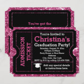 Hot-roze Glitz Graduation Party Ticket Invitation Kaart (Voorkant / Achterkant)