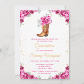 Hot Roze Gouden Bloemen Cowboy Boot Quinceañera Kaart (Voorkant)