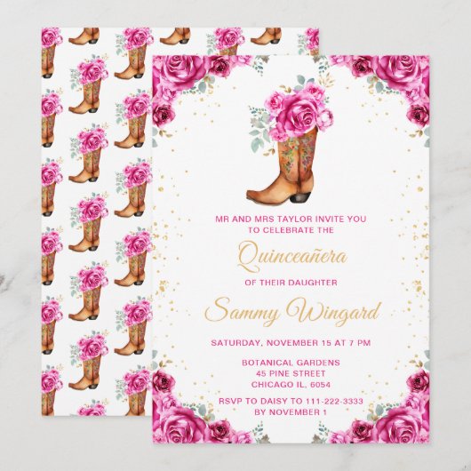 Hot Roze Gouden Bloemen Cowboy Boot Quinceañera Kaart (Voorkant / Achterkant)