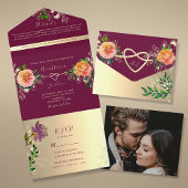 Hot Roze Gouden Bloemen Huwelijk All In One Uitnodiging