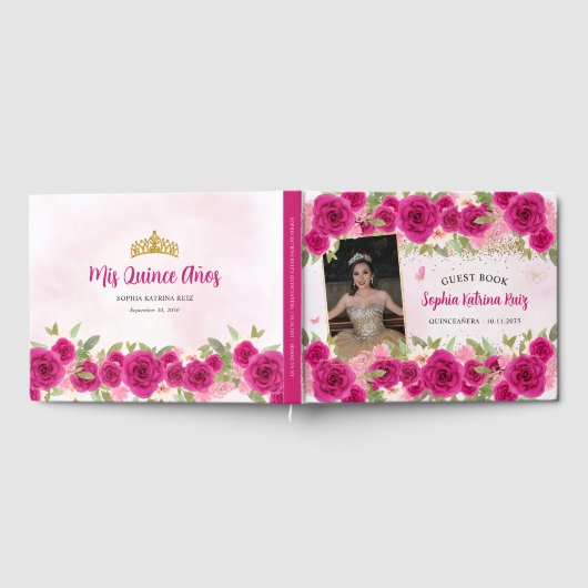 Hot Roze Gouden Bloemen Prinses Quinceañera Foto Gastenboek (Volledig)