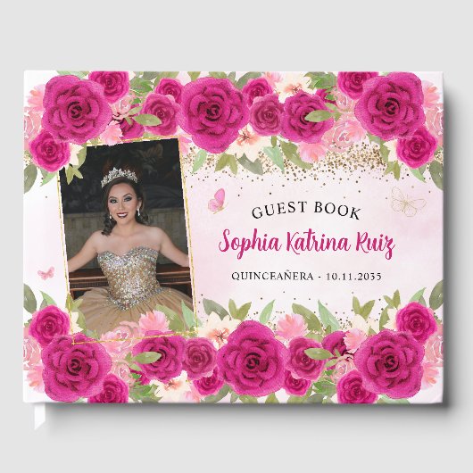 Hot Roze Gouden Bloemen Prinses Quinceañera Foto Gastenboek (Voorkant)