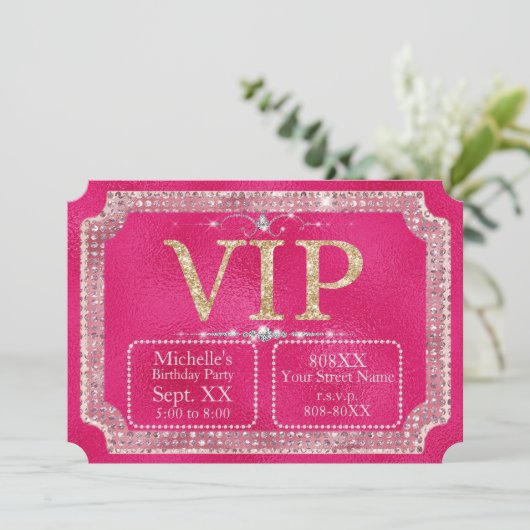 Hot Roze & Gouden Glitter VIP Ticket Kaart (Staand voorkant)