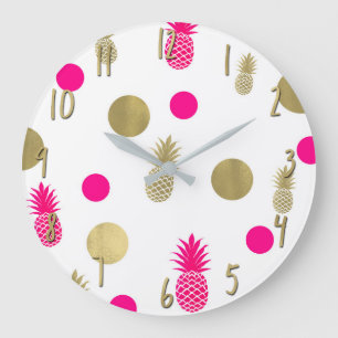 Hot Roze & Gouden Stippen & Ananassen Fun Zomer Ch Grote Klok