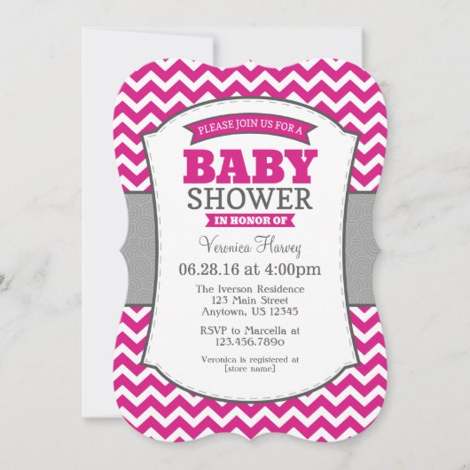 Hot-roze Gray Chevron Baby shower Kaart (Voorkant)