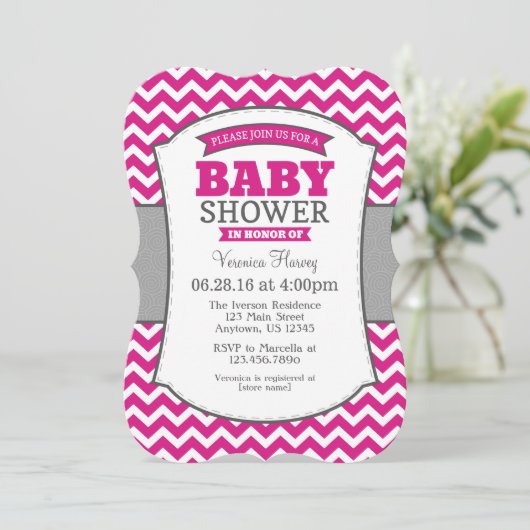 Hot-roze Gray Chevron Baby shower Kaart (Staand voorkant)