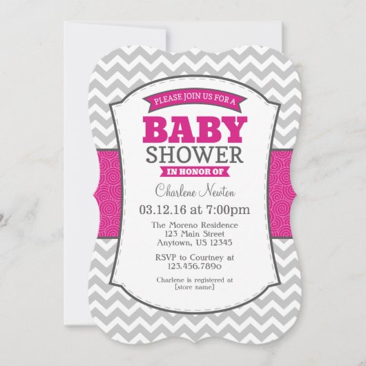 Hot-roze Gray Chevron Baby shower Kaart (Voorkant)
