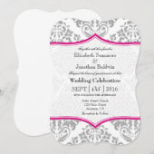 Hot roze grijs damast beugel bruiloft uitnodigen kaart (Voorkant / Achterkant)