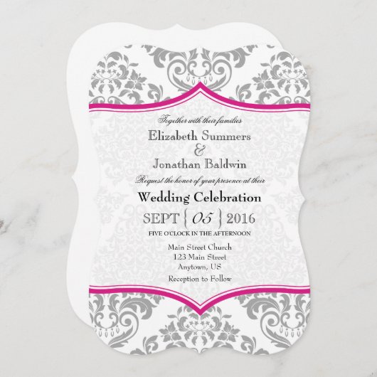Hot roze grijs damast beugel bruiloft uitnodigen kaart (Voorkant / Achterkant)