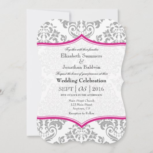 Hot roze grijs damast beugel bruiloft uitnodigen kaart (Voorkant)