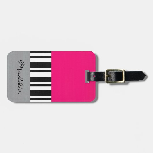 Hot-roze grijs zwart-wit gestreept blok bagagelabel (Voorkant horizontaal)