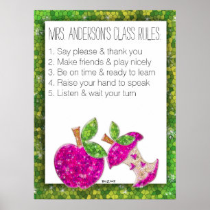 Hot-roze groene leraren Apple Class Rules Poster