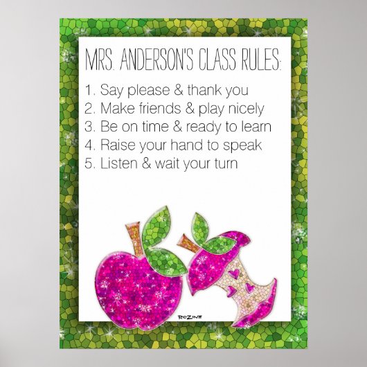 Hot-roze groene leraren Apple Class Rules Poster (Voorkant)