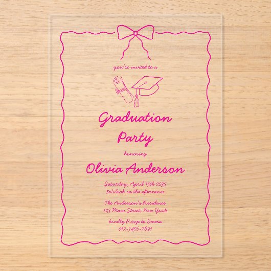 Hot Roze Hand-Drawn Bow Squiggle Afstudeerfeest Acryl Uitnodigingen (Voorkant)