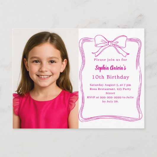 Hot roze hand-getekende boog foto verjaardag uitnodiging briefkaart (Voorkant)