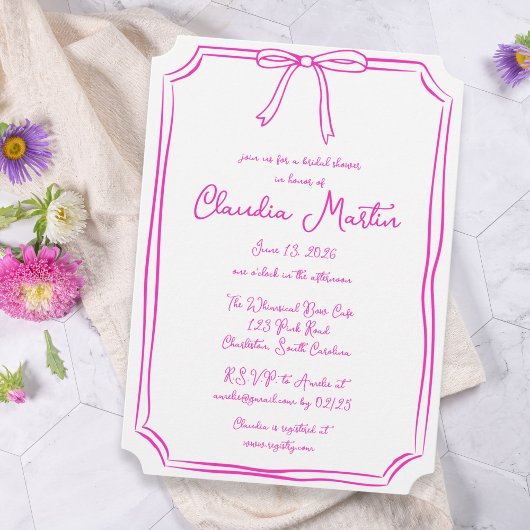 Hot roze hand getrokken boog bruids douche uitnodi kaart