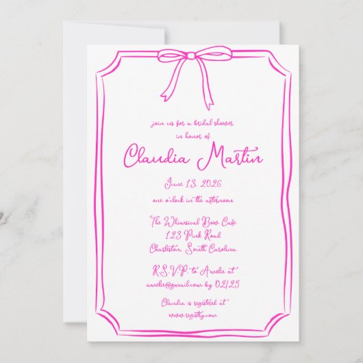 Hot roze hand getrokken boog bruids douche uitnodi kaart (Voorkant)