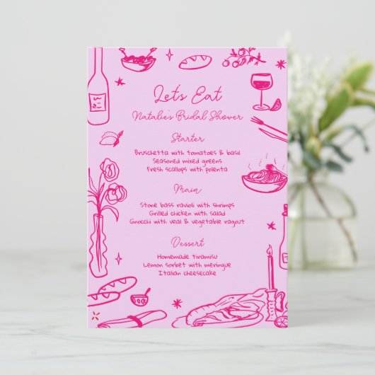 Hot Roze Hand Getrokken Whimsical Wedding Menu (Staand voorkant)
