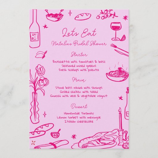 Hot Roze Hand Getrokken Whimsical Wedding Menu (Voorkant)