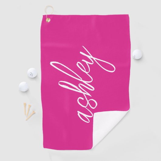 Hot roze handgeschreven script monogram golfhanddoek (Insitu)