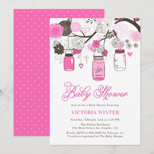 Hot-roze hangende Mason Jars Baby shower Kaart (Voorkant / Achterkant)