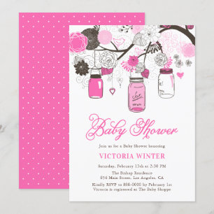 Hot-roze hangende Mason Jars Baby shower Kaart