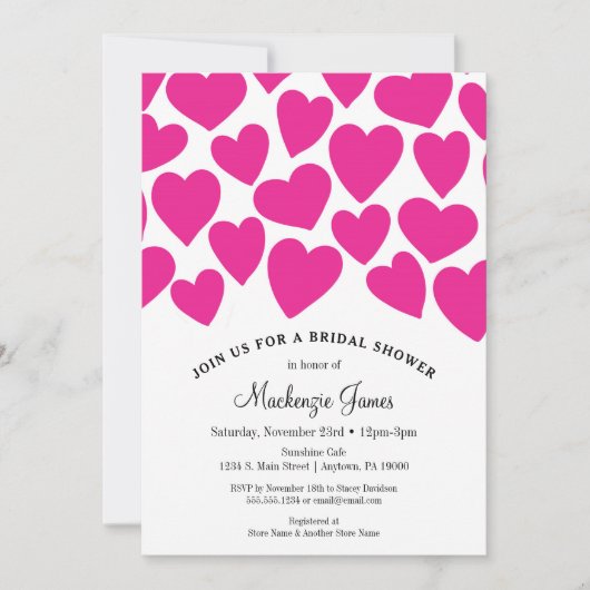 Hot-roze harten Bridal Shower Invitation Whimsical Kaart (Voorkant)