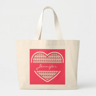 Hot-roze hartritmepatronen Gepersonaliseerde naam Grote Tote Bag