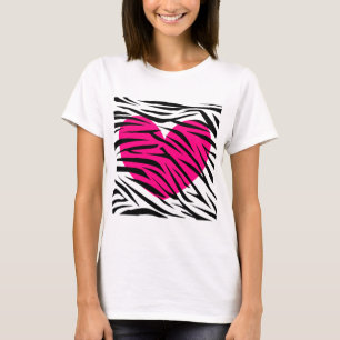 Hot-roze hartslag en Zebrastripes in zwart en wit T-shirt