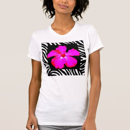Hot-roze hibiscus op het Shirt van Zebraafdrukpres (Voorkant)