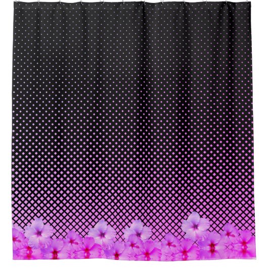 Hot-roze hibiscus op zwart en roze gecontroleerd douchegordijn (Voorkant)