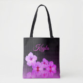 Hot-roze hibiscus op zwart en roze gecontroleerd tote bag (Voorkant)