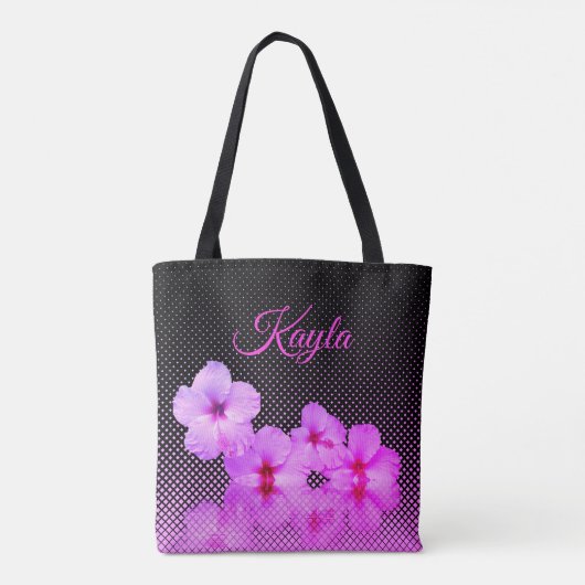 Hot-roze hibiscus op zwart en roze gecontroleerd tote bag (Achterkant)