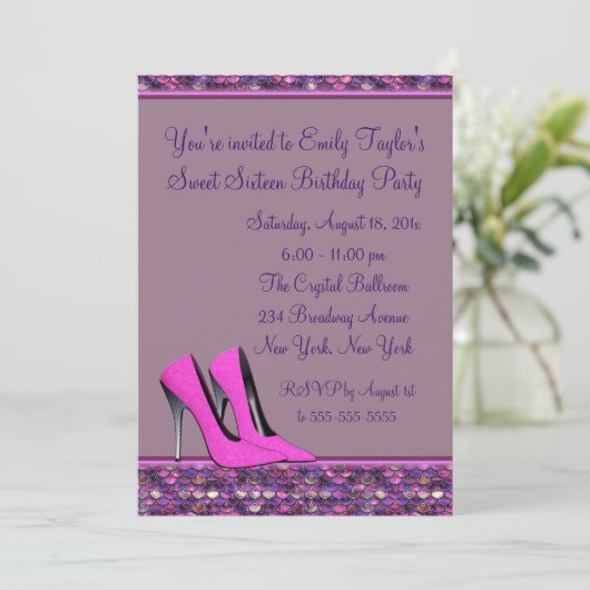 Hot Roze Hoge Heel Sequin Sweet Sixteen Party Kaart (Staand voorkant)