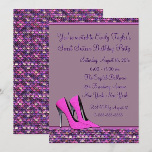 Hot Roze Hoge Heel Sequin Sweet Sixteen Party Kaart (Voorkant / Achterkant)