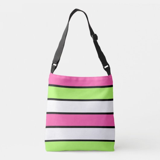 Hot-roze, kalkgroen, zwart en witte strepen crossbody tas (Achterkant)