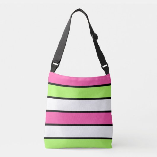Hot-roze, kalkgroen, zwart en witte strepen crossbody tas (Voorkant)