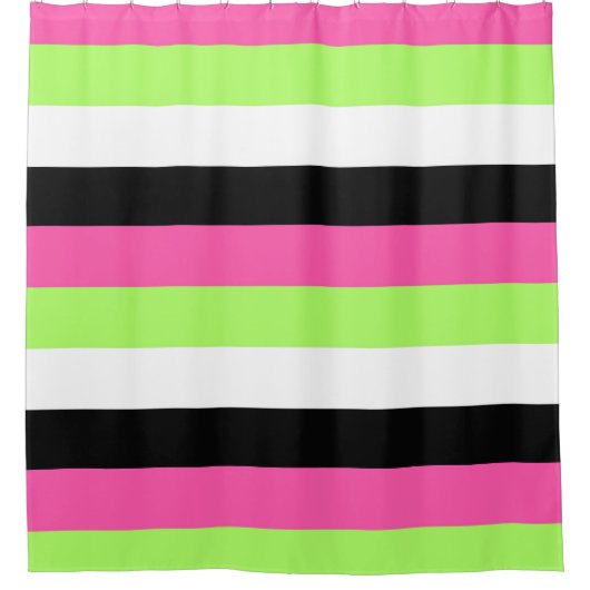 Hot-roze, kalkgroen, zwart en witte strepen douchegordijn (Voorkant)