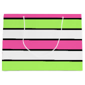 Hot-roze, kalkgroen, zwart en witte strepen large cadeautasje (Voorkant)