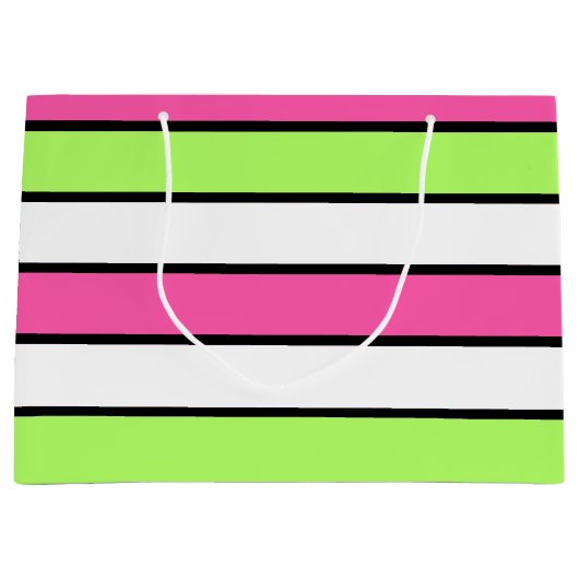 Hot-roze, kalkgroen, zwart en witte strepen large cadeautasje (Voorkant)