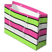 Hot-roze, kalkgroen, zwart en witte strepen large cadeautasje (Voorkant Gekanteld)