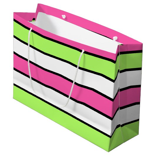 Hot-roze, kalkgroen, zwart en witte strepen large cadeautasje (Voorkant Gekanteld)