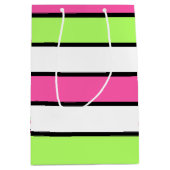 Hot-roze, kalkgroen, zwart en witte strepen medium cadeauzakje (Voorkant)