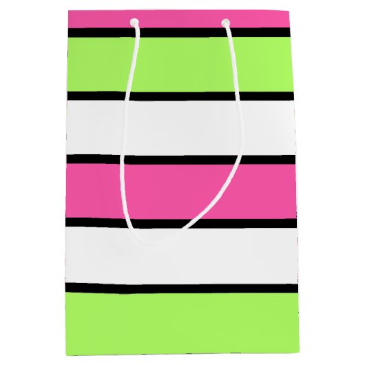 Hot-roze, kalkgroen, zwart en witte strepen medium cadeauzakje (Voorkant)